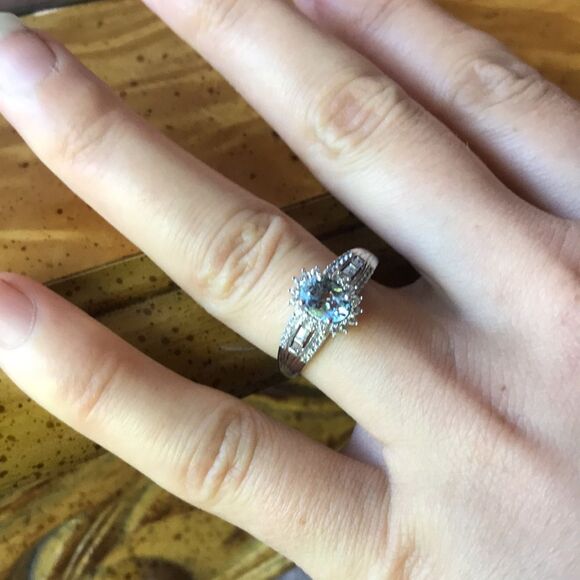 Natural Aquamarine Sterling Silver Halo Ring Size 8 - Picture 4 of 7